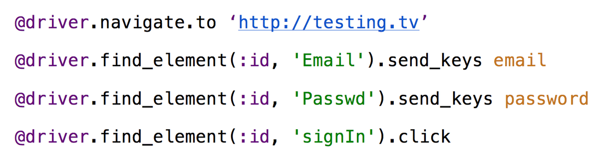 Image of code showing simple login scenario automated using Selenium WebDriver